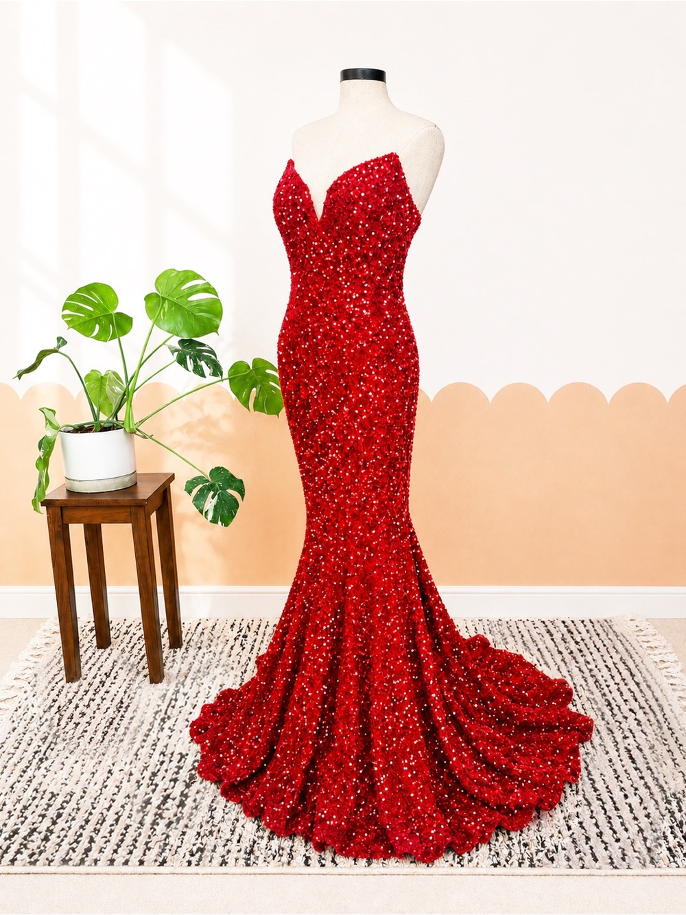 Portia and Scarlett Red Sequin Strapless Mermaid Evening Dress